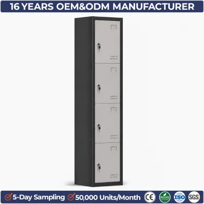 Slim 4 Door Vertical Metal Locker Steel Clothes Wardrobe Personal Storage Box with Name Card Slot for Apartment Dormitory Hostel