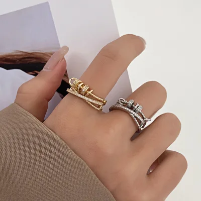 Hot-Selling Simple Stylish Ins-Style Women's Ring Trendy Zircon Inlaid Cut Rotating Adjustable Open Design Mainly Made Brass