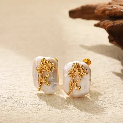 Gold Flower New Exquisite Women's Electroplated Baroque Pearl Shell December Flowers Ear Studs Clip-on Earrings No Ear Hole