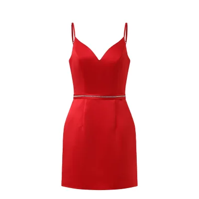 OEM/ODM 2024 Wedding Red Dress Elegant Evening V-neck Sequins Dresses at Knee Length Customized Fabric and Design