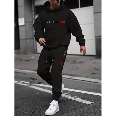 Cross Border 2026 New Casual Men's Pullover Hooded Sweatshirt Printed Logo Letter Loose Sportswear Set Polyester/Cotton Spring