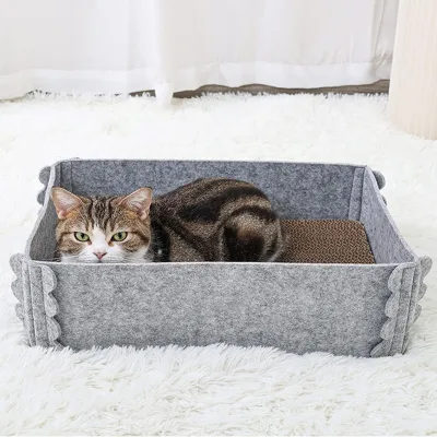 Rectangular Cat Corrugated Scratcher Pad Lounge Box Felt Pet Bed with Removable Cardboard
