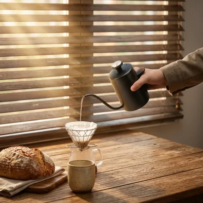 Premium 350ml Double Wall Stainless Steel Gooseneck Coffee Kettle with Thermometer Short Wooden Handle Pour Over Drip Tea Pot