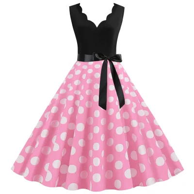 Women Retro Summer Dresses 50s 60s Sleeveless V-neck Polka Dot Bow Ball Grown Party Sundress Robe Vestidos