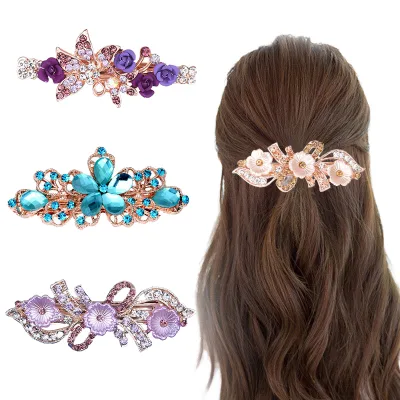 Hot Selling Alloy Large Rhinestone Spring Clip Crystal Butterfly Hair Clip Barrette Women Retro Temperament Automatic Party