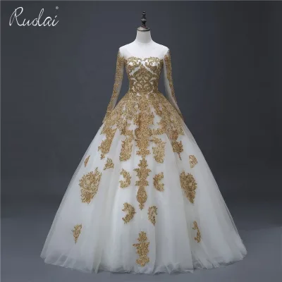 Ruolai YASA-020 Vintage Custom Made Beads White and Gold Applique Bride Ball Gown Muslim Full Skirt Long Sleeve Wedding Dress
