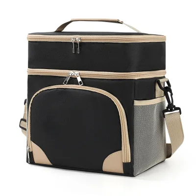 Double-Layer Insulated Polyester Lunch Bag with Single Shoulder Crossbody Strap for Office Commuters and Outdoor Picnic Use