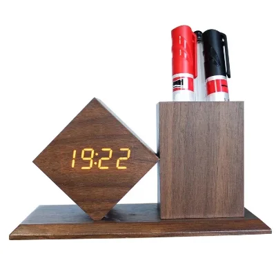 Antique Office Wooden Pen Holder with Digital Clock, Bamboo Led Digit Clock with Pen Holder Wooden Pen Stand with Clock