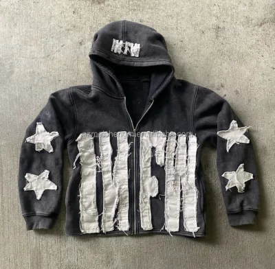 Custom Men 100% Cotton Heavyweight Drop Shoulder Cropped Boxy 500g Distressed Applique Patch Embroidery Acid Wash Zip up Hoodie