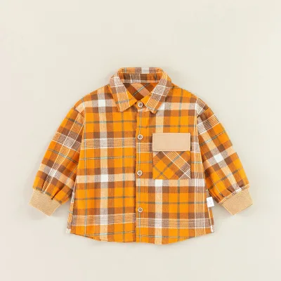 Custom Logo Long Sleeve Children Kids Clothes Tops Plaid Shirt Boy Solid Color Casual Spring and Autumn Blouse Shirts