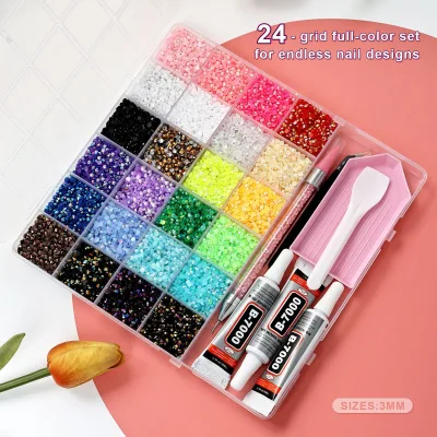 For 24-Grid Resin Rhinestone Set Electroplated Assorted Transparent Colorful Decorative Strass Nail Art Tool Kit 20,000