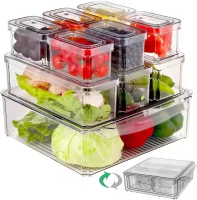 Refrigerator Fresh Food Storage Stackable Box Plastic PET Clear Transparent Kitchen Fridge Organizer With LId
