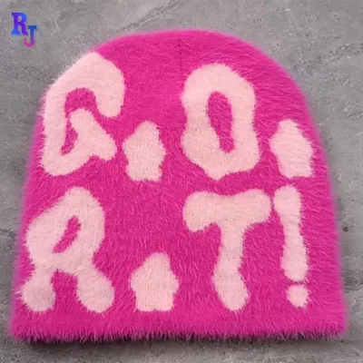 2026 New Super Soft Jacquard Knit Fuzzy Full Cap Mohair Satin Lined Winter Hat Custom Beanie with Custom Logo