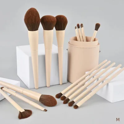 Best-selling 15-piece Creamy-white Nylon Makeup Brush Set with Wood Handle for Eyeliner Eyeshadow Eyebrow & Lip