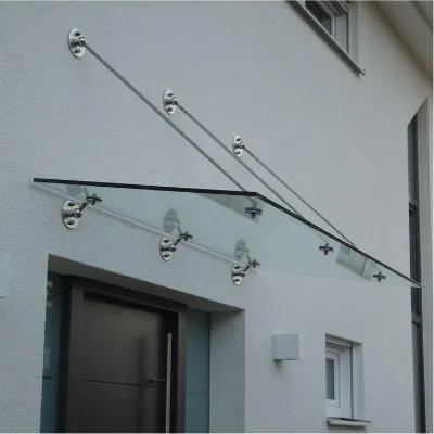 Clear Glass Awning with Metal Support Rods for Patio