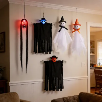 2026 Halloween Hanging Ghost with Glowing Red Eyes Scary Luminous Ghoul Party Decor Outdoor Indoor Wall Hanging Prop