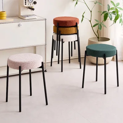 Modern Minimalist Stackable Round Sherpa Fleece Velvet Fabric Stool, Black Metal Legs Soft Padded Dining Makeup Stool
