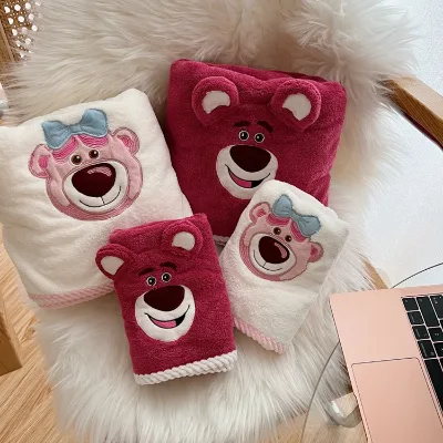 New Strawberry Bear Teddy Velvet Cartoon Bath Towel Set Embroidered Small Cover Quilt Bibulous Towel 2PCS