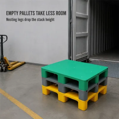 Injection Molded Plastic Pallet HDPE Grid Top Nine Leg Stackable 4-Way Steel Reinforced Industrial Skid ODM OEM Service Custom