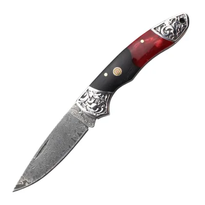 Free Lock Folding Knife Stainless Steel Bolster and End VG10 Damascus Steel Blade Ebony Wood Resin Handle Knife