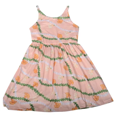 Cd-6-2 Customized Hawaiian Floral Printed Dress Spring Summer Cotton Twirl Print Skirt Adjustable Straps Halter Girls Dress