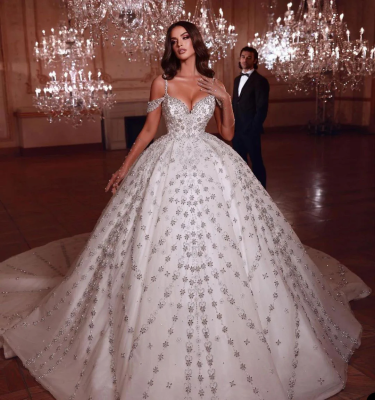 Luxury Crystal Beaded Wedding Dress Spaghetti Strap Bridal Gown Customized Princess Gowns Dresses for Bride
