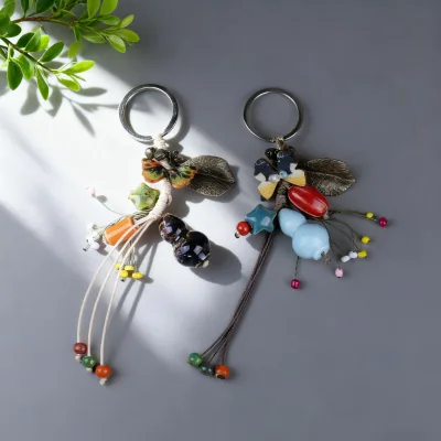 Wholesale Handmade Ceramic Beaded Gourd-shaped Bag Charms and Key Rings Fashion Fresh Artsy butterfly Pendant Bag Charms