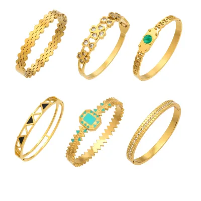 Custom Triangle Zigzag Enamel Hinged Bangle 18K Gold Plated Stainless Steel Waterproof Hypoallergenic Women Jewelry