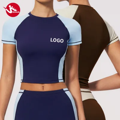 Customized Manufacturer Outdoor Gym Quick Dry Tight Fit Trendy Contrast Color Running Patchwork Cut-Out Longline T-Shirt
