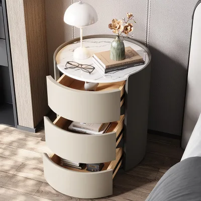 Modern Round Luxury Nightstand Bedside Table with Shelves Wood Material Apartment & Hotel Use