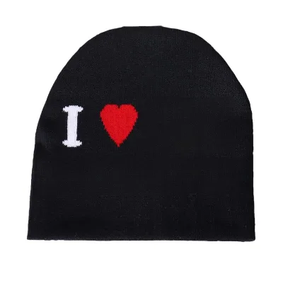 Funny Love Heart Text Jacquard Knit Beanie Hat Letter Pattern Winter Warm Unisex Adult Street Style Men Women 100% Acrylic