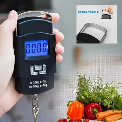 50kg/10g Portable LCD Electronic Hand Scale Travel Hanging Scale with 100cm Long Retractable Measuring Tape
