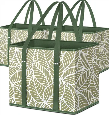 Heavy Duty Reusable Shopping Totes Foldable Leaf Printed Grocery Bags with Reinforced Handles Large Storage Bags
