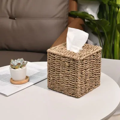 Hand-woven Aquatic Plant Paper Towel Box, Napkin Holder, Coffee Table, Simple square Tissue Box, Bathroom Storage Box