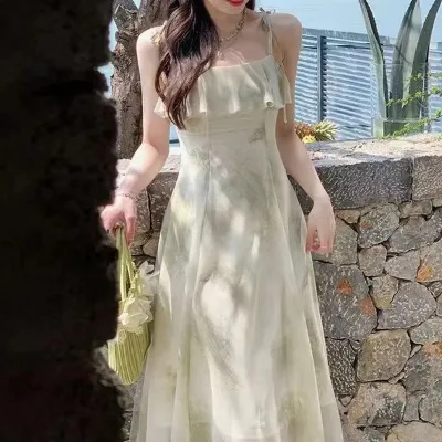 Summer New Fashionable Camisole Long Dress for Women Ruffled Floral Sleeveless Dresses