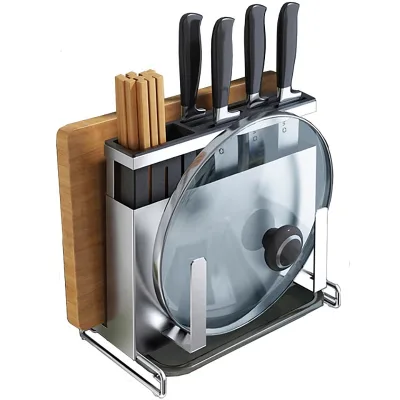 Stainless Steel Kitchen Rack Metal Knife Holder Pot Rack Chopping Board Rack with Fork Tool Storage Knife Holder
