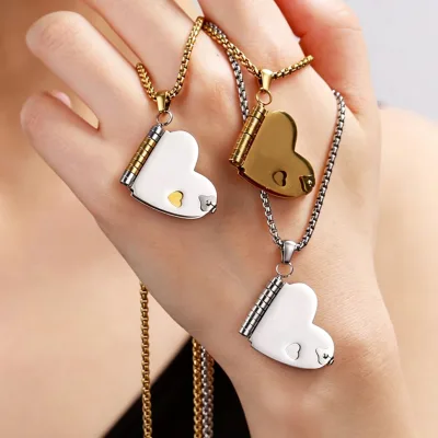 Stainless Steel Heart Shape Book Charm Locket Pendant Engraved Secret Text Jewelry Gift Custom Engraving Book Chain Necklace