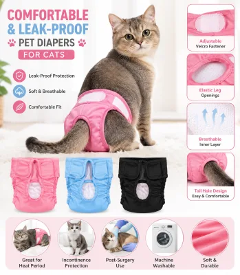 Eco-Friendly Cat Diapers Poop Bags Super Absorbent Washable Durable Sanitary Wraps Pants with Adjustable Button