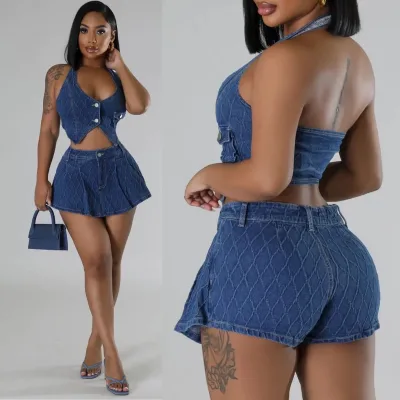 Women's Designer Two-Piece Casual Skinny Denim Set Sexy Hipster Halter Tank Tops Shorts Skirts Sleeveless Irregular Washed