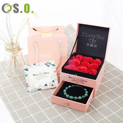 Flower Jewelry Boxes with Rose Jewelry Bracelet Gift Packaging Boxes with Bag and Card Lipstick Gift Package