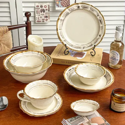 Japanese-style Vintage-style Roman Glaze Ceramic Bowl Plate Set Home Use Party Fish Dish Decorative Rice Bowls Plates Salad