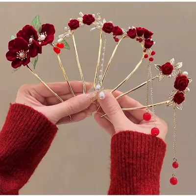 Wholesale Red Velvet Zinc Alloy Hair Clip Lace Trim U-shaped Hairpin Bridal Headdress Set Pearl-Tasseled Hair Accessories