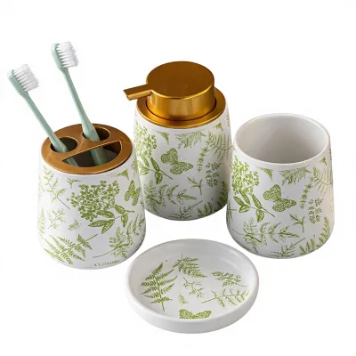 For Simple Ceramic Green Plant Pattern Four-Piece Bathroom Toiletries Set with Gargle Cup