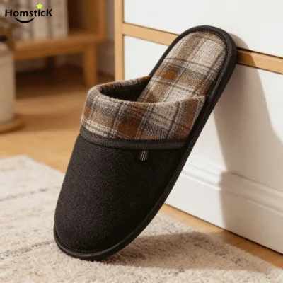 Men's Plaid Patchwork Mule Slippers, Soft Flannel Non-Slip Indoor House Shoes, Warm Comfortable Slip-On Footwear for Autumn