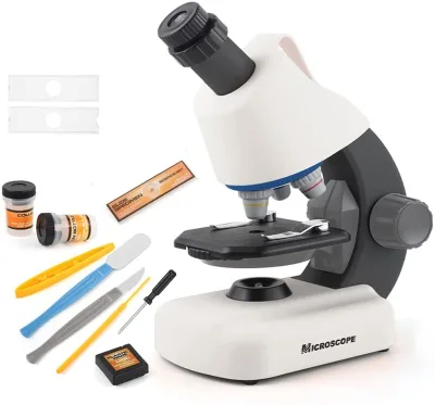 Kids Microscope Toys 100X-1200X Microscope Kit with Microscopes Plastic Slides Specimens LED Light