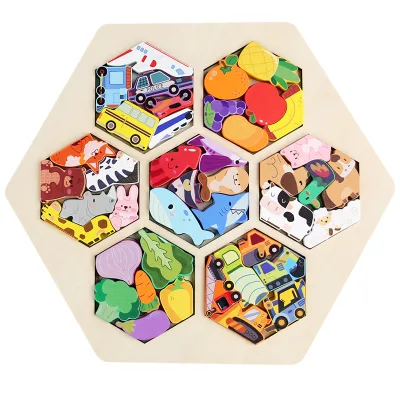 CPC CE Montessori Children's Fruits Vegetables Traffic Puzzle Building Blocks Set Wooden Cartoon Hexagonal 3d Puzzle Block Toys