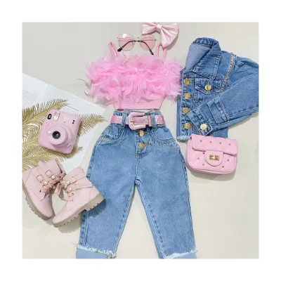 Summer Autumn Clothes Set Baby Girls Halter T Shirt Denim Pants 2pcs Outfit Fashion Girls Hot Sell Clothes
