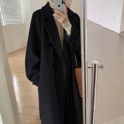 2025 Ladies' Autumn Winter New Hepburn Style Woolen Coat Double Breasted Mid Length Woolen Coat