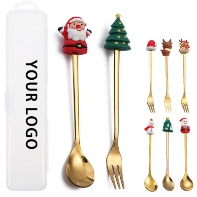 New Design Portable Stainless Steel 2 Pcs Fork Spoon Gold Large Christmas Cartoon Gift Box Set Company Promotional Gifts