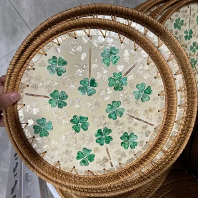 Decorative Woven Trays for Coffee Dinner Party Kitchen Snacks Organizer Rattan Seashell Round Storage Basket Serving Tray